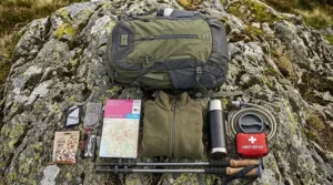 Contents of a day pack for hiking including OS map, fleece jacket, and warm flask