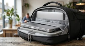 Close-up illustration of a dedicated padded laptop compartment inside a travel backpack storing a 15-inch laptop