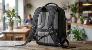 Ergonomic padded shoulder straps and breathable mesh panel on a travel backpack with laptop compartment