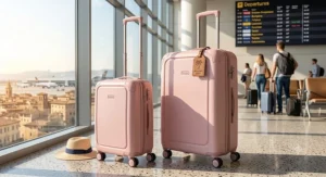 Stylish pastel pink 2 piece luggage set with telescopic handles, ideal for a British weekend break or summer holiday abroad.