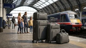 A premium family luggage set with eight wheel spinners and telescopic handles standing on a railway platform.