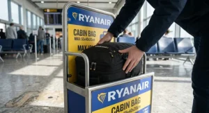 Checking a Ryanair cabin bag rucksack dimensions inside the official airport luggage measuring gauge.