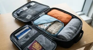 Interior view of a Ryanair cabin bag rucksack showing organised packing cubes and holiday clothes.
