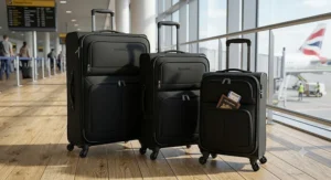 Classic black soft shell 3 piece luggage set featuring convenient zipped front pockets for travel documents.