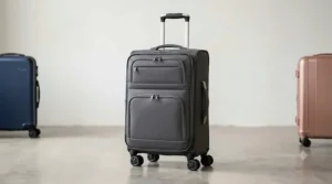 A charcoal grey soft shell 4 wheel suitcase featuring convenient zipped front pockets.