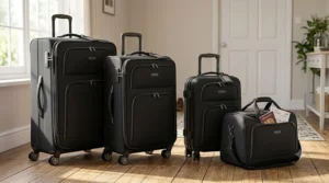 An expandable soft shell family luggage set in black featuring prominent front zip pockets for travel documents.