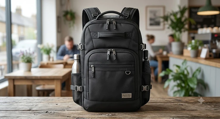 Front view illustration of a sleek black travel backpack with laptop compartment and sturdy zips