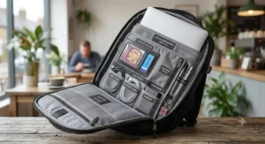 Internal organisation layout of a travel backpack with laptop compartment showing cable pockets and passport holder