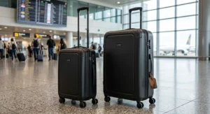 Classic black 2 piece luggage set featuring a matching cabin case and a large hold suitcase stood side by side.