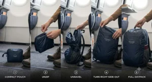 Demonstration of unfolding a foldable travel daypack from a small zip pocket into a full size bag