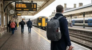 Commuter carrying a stylish charcoal grey foldable travel backpack at a UK train station platform