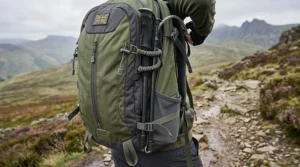Walking pole attachment loops featured on a lightweight day pack for hiking