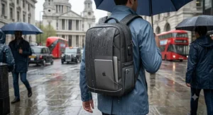 Illustration of a water-resistant anti theft backpack protecting electronics in wet British weather.