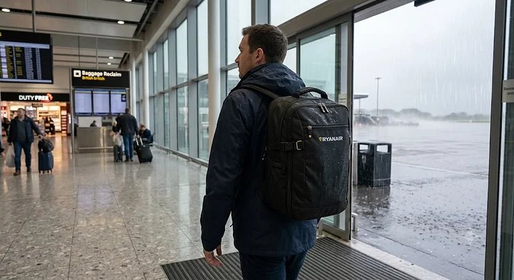 Water resistant Ryanair cabin bag rucksack being carried through a rainy British airport terminal.
