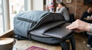 Close-up of a water-resistant cabin backpack showing a dedicated padded laptop compartment