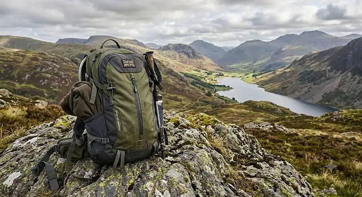 Waterproof day pack for hiking resting on a rocky crag in the Lake District