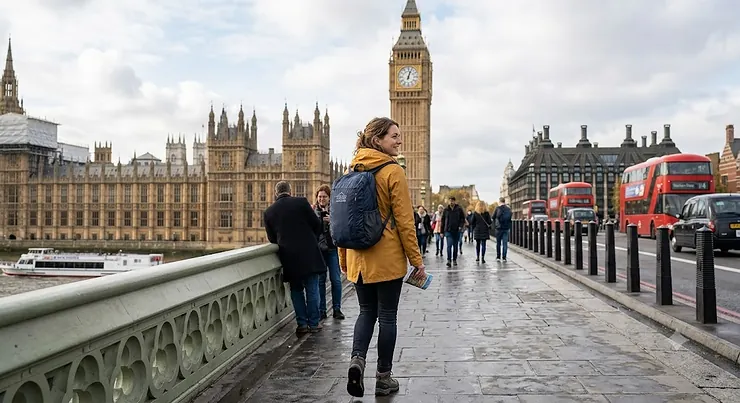 Woman wearing a waterproof foldable travel backpack while sightseeing near Big Ben in London
