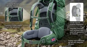 Illustration showing the breathable mesh back panel and ergonomic fit of a women's backpacking rucksack designed for female anatomy