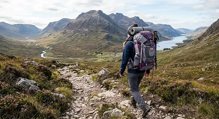 A woman wearing a women's backpacking rucksack while hiking through the Scottish Highlands