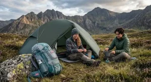Two women outside their tent during a wild camping trip in Snowdonia, with a women's backpacking rucksack resting against a rock