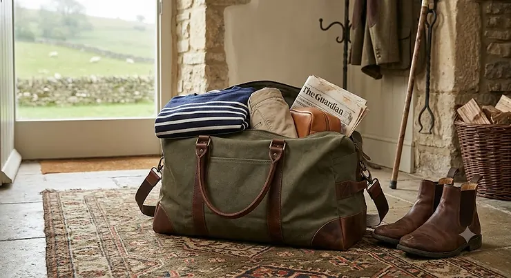 Classic olive green canvas holdall packed for a British weekend getaway, best canvas holdall