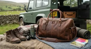 A modern holdall bag resting beside countryside travel gear, perfect for UK staycations and road trips.