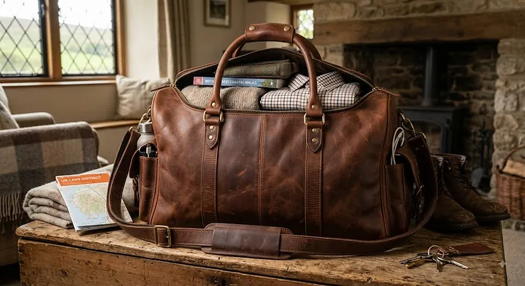 A stylish leather holdall bag packed for a British weekend getaway, showing spacious compartments and sturdy carry handles. best holdall bag