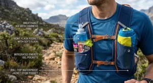 Front harness pockets on the best hydration pack holding energy gels and a waterproof jacket