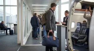 A traveller carrying a lightweight holdall onto a flight as under-seat cabin luggage