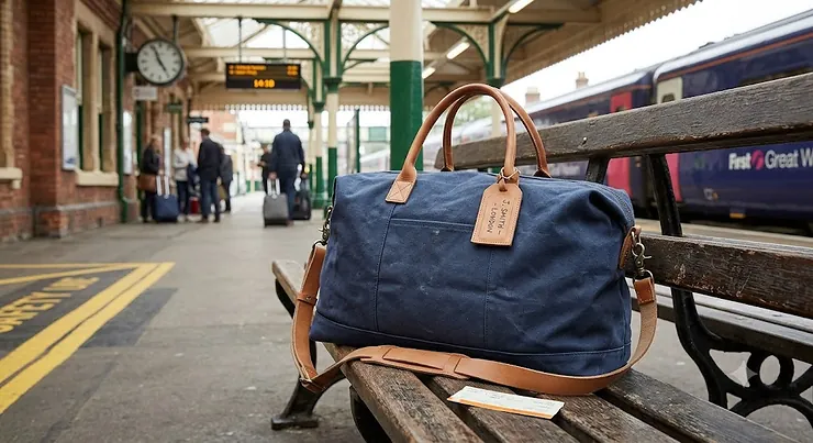 A stylish navy fabric best lightweight holdall resting on a wooden bench at a UK train station