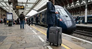 A grey wheeled underseat cabin bag with an extendable telescopic handle on a train platform.