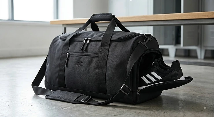 Black gym holdall bag featuring a dedicated shoe compartment for trainers