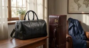 Sleek black leather holdall for men placed next to an overnight travel suitcase