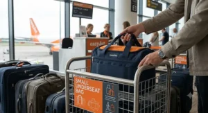 Passenger placing a small underseat bag for easyJet into the airport sizer frame at the departure gate.