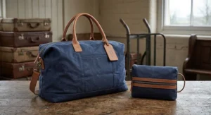 A lightweight holdall folded into its small integrated storage pouch alongside the expanded bag