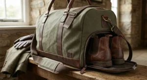 Side zipped shoe compartment feature on a heavy-duty canvas travel holdall