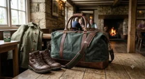 Heavy-duty canvas and leather large holdall bag placed next to travel boots and a coat