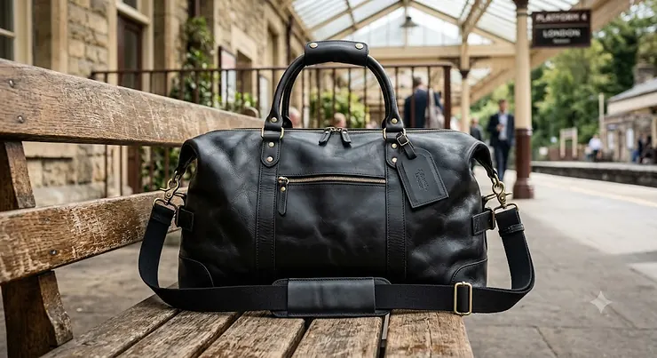 Black leather large holdall bag with robust carry handles and detachable shoulder strap on a wooden bench