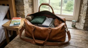 Large holdall bag in tan leather neatly packed with folded clothes for a British staycation trip