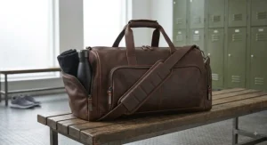 Large leather gym holdall bag with spacious side pockets for accessories