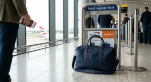 Compact and lightweight holdall bag adhering to UK airline hand luggage dimensions for easy travel.