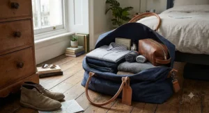 An open lightweight canvas holdall packed with neatly folded clothing and wash bag for a weekend break