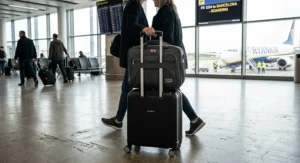 A lightweight underseat cabin bag secured to suitcase handles using its built-in trolley strap.