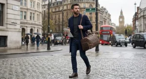 Man wearing an overcoat carrying a dark brown leather holdall on a city staycation