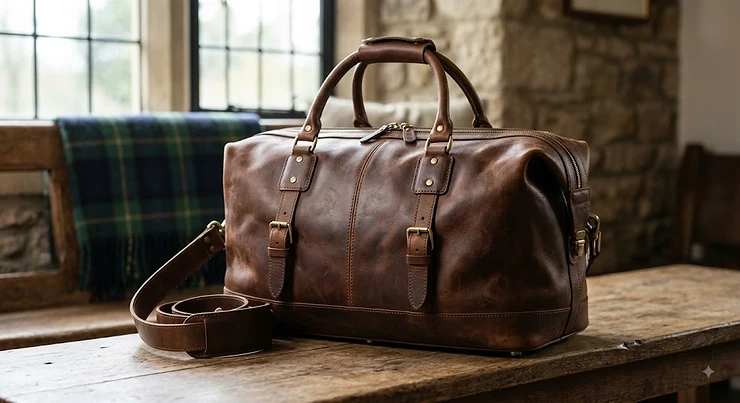 Full view of a luxury men's brown leather holdall handcrafted for weekend getaways