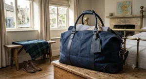 Men's navy canvas large holdall bag packed for a weekend getaway in the UK