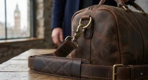 Close-up of the brass hardware and padded detachable shoulder strap on a men's leather holdall