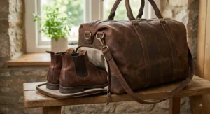 Handmade leather holdall for men featuring a separate side shoe compartment