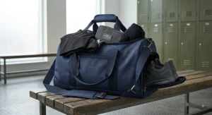 Men's waterproof gym holdall bag packed for a workout and overnight stay