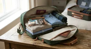 Flat lay showing clothes and toiletries organised inside an open underseat bag for a weekend trip.